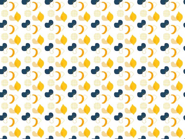 A pattern with blue and yellow shapes and the moon on a white background.