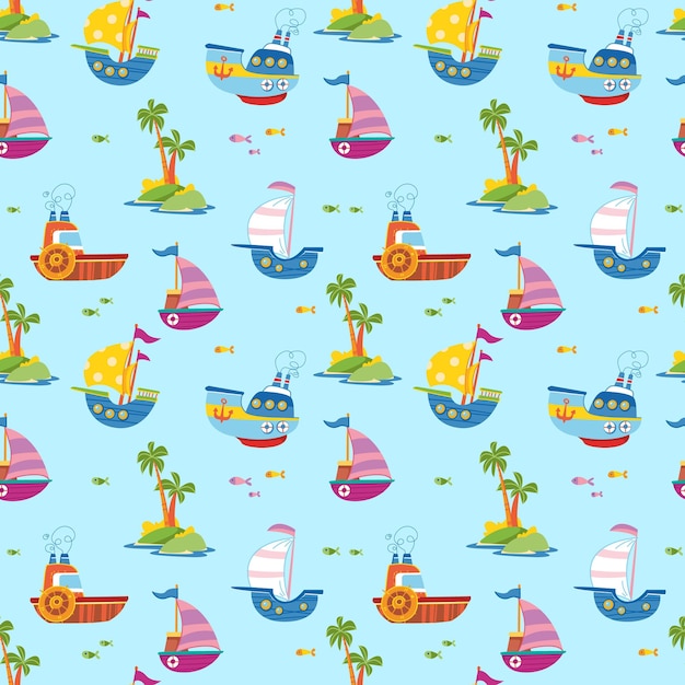 Pattern with boats ships islands and sailing ships on a blue background in a childish style