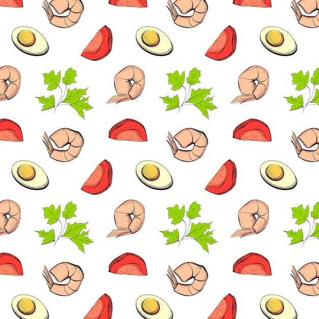 Vector pattern with boiled egg shrimp tomato and greens