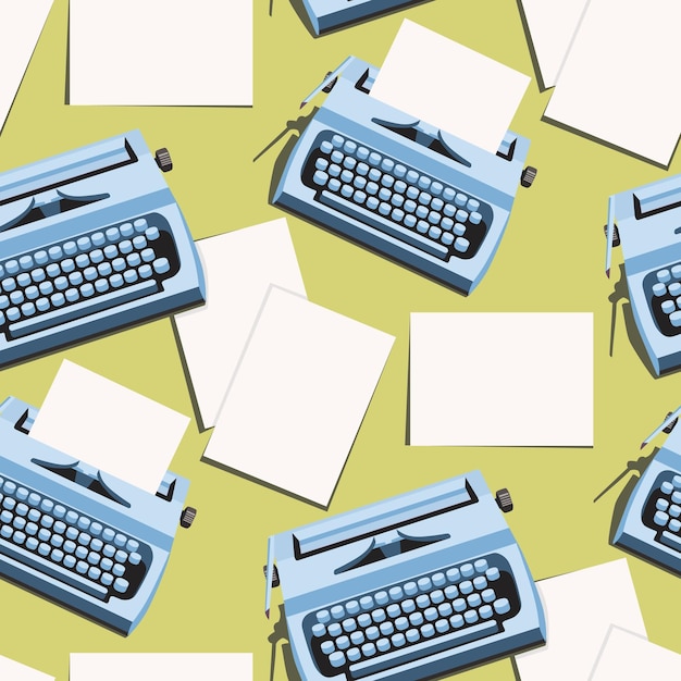 A pattern with bright typewriters and retrostyle sheets of paper A blue typewriter on a green