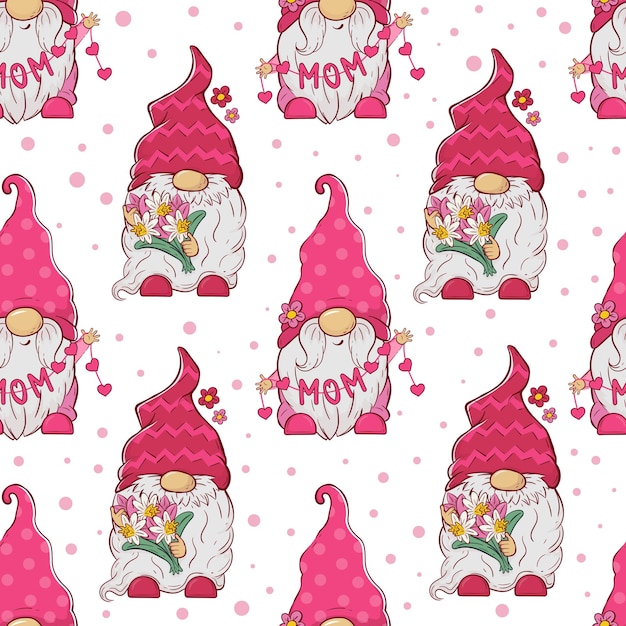 Pattern with cartoon pink gnomes with flowers for Valentine39s Day and Mother39s Day