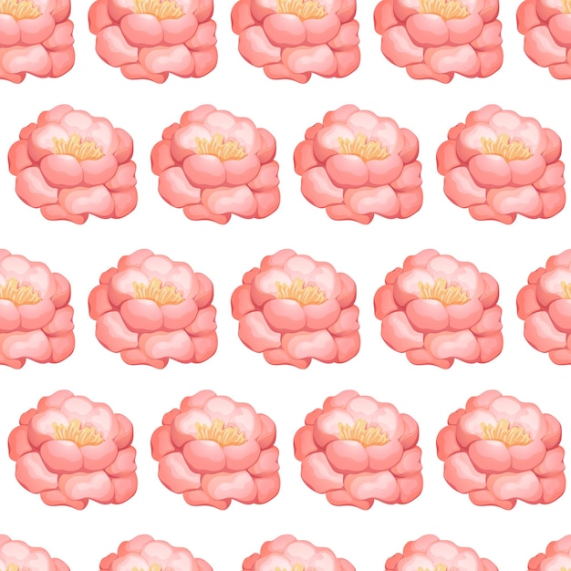 Pattern with cartoon pink peony on white light background