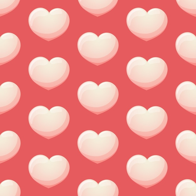 Pattern with cartoon pink and white hearts on red background