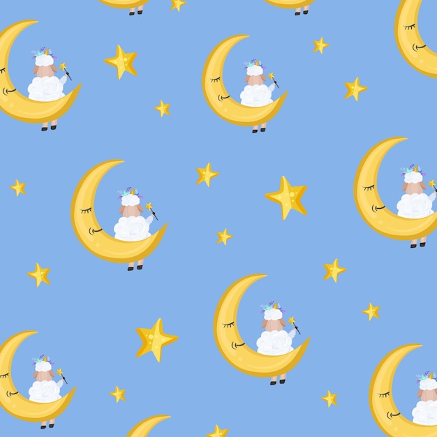 Vector pattern with cartoon sheep on a moon with the stars on the light blue background