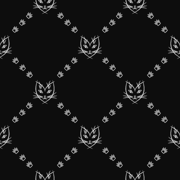 Pattern with cat face paw prints in rhombus grid