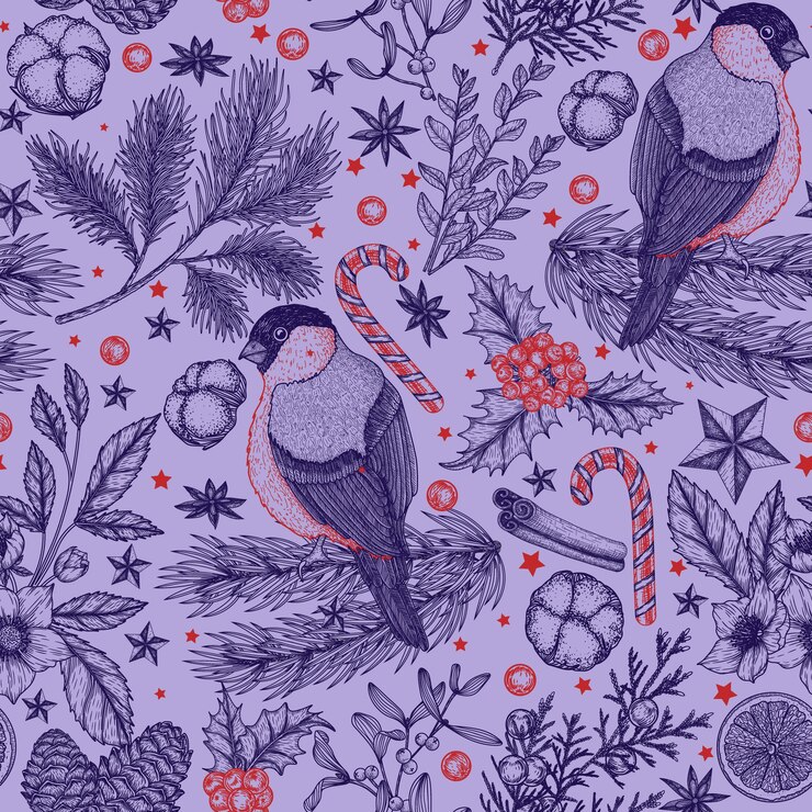 Vector pattern with christmas plants and bullfinch in engraving style. christmas tree branch with cones