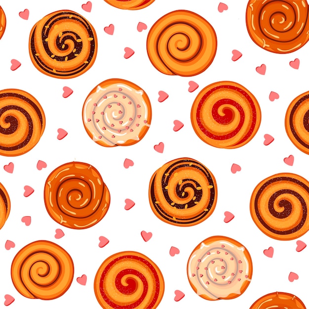 Pattern with cinnamon rolls, jam and frosting. illustration in cartoon style.