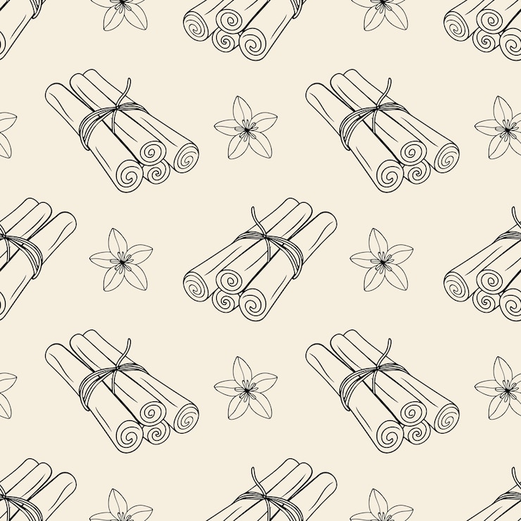 Vector pattern with cinnamon sticks and vanilla flower doodle outline drawing on pastel beige background