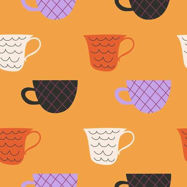 Pattern with coffee cups on orange background