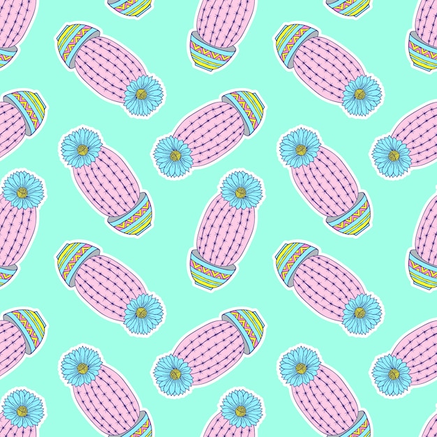 Pattern with colorful hand drawn cactuses