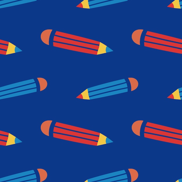 青の背景にカラフルな鉛筆のパターン