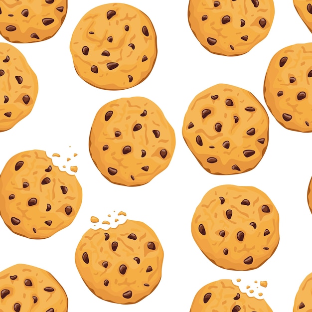 Pattern with cookies with chocolate chips on a white background