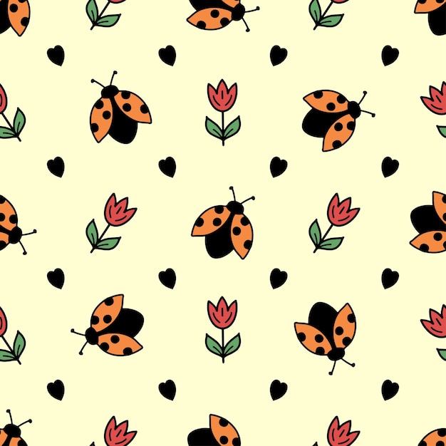 Pattern with cute color ladybugs and tulips on soft background for the design of textiles bed linen child clothing wrapping paper