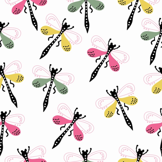 A pattern with cute and colorful dragonflies