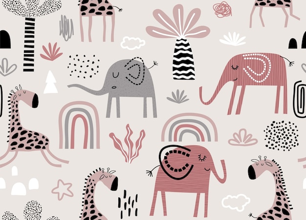 pattern with cute elephants and giraffes