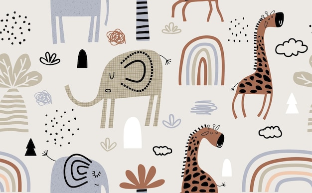 узор с милыми слонами и жирафами