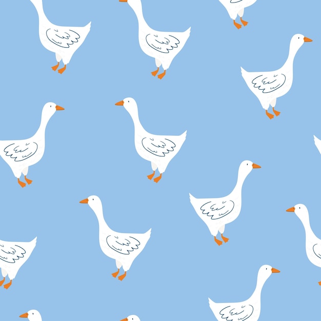 Pattern with cute goose on blue background. Vector illustration in flat style. Digital animal repeat