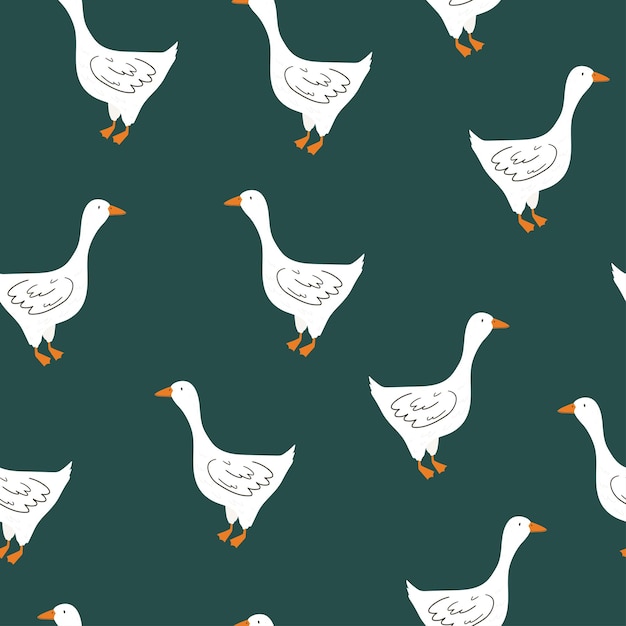 Pattern with cute goose on green background. Vector illustration in flat style. Digital animal