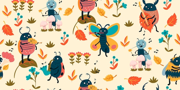 Pattern with cute insect musicians. 
