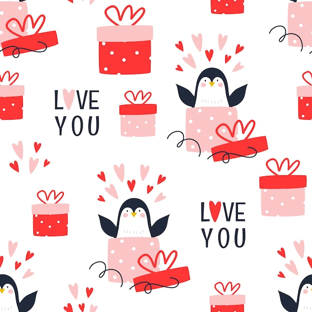 Pattern with cute penguins and gifts Vector illustration for valentine's day