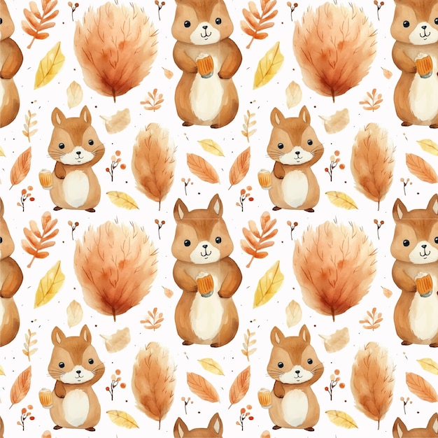 Vector a pattern with cute squirrels and leaves