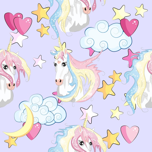 Pattern with cute unicorns cloudsrainbow and stars Magic background with little unicorns