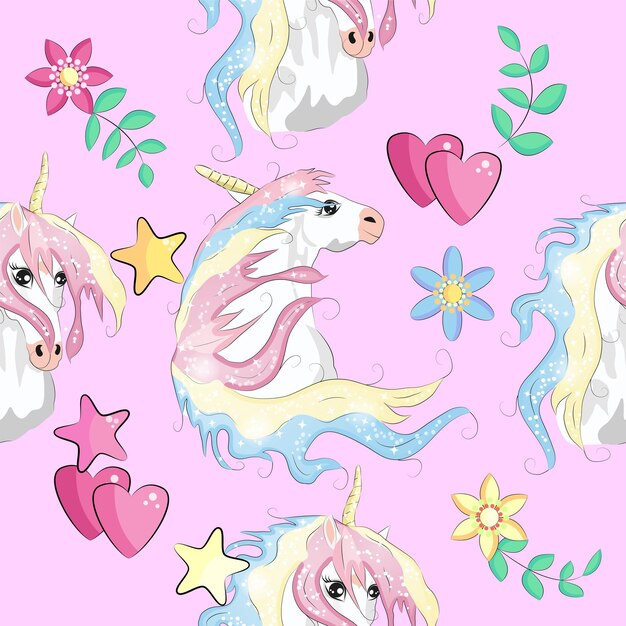 Vector pattern with cute unicorns cloudsrainbow and stars magic background with little unicorns