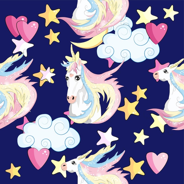 Vettore modello con simpatici unicorni nuvolearcobaleno e stelle sfondo magico con piccoli unicorni