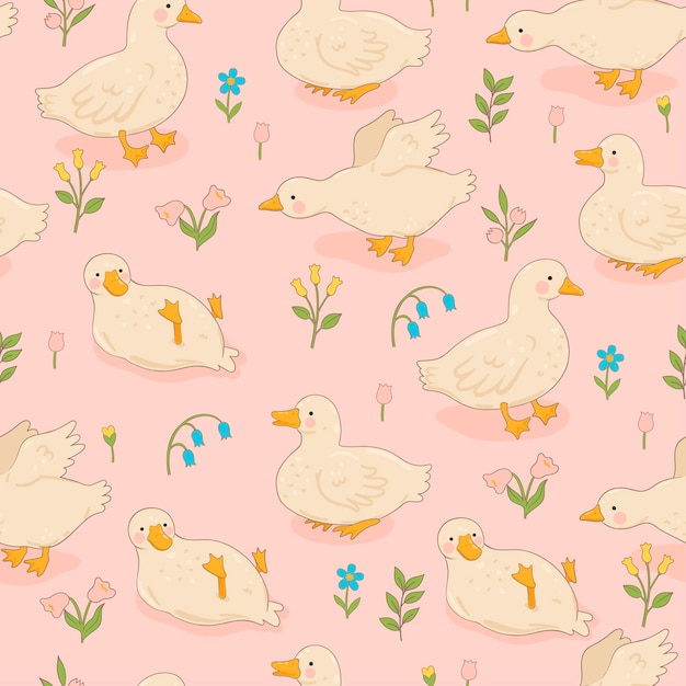 Pattern with cute white ducks and flowers Vector image