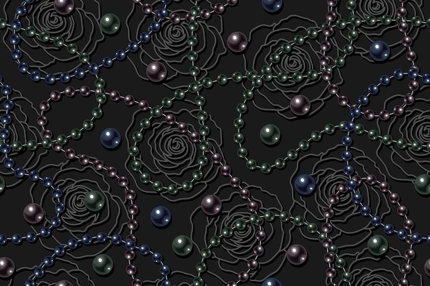 Pattern with dark pearls outline roses