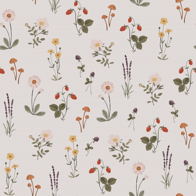 Vector pattern with delicate wildflowers and plants