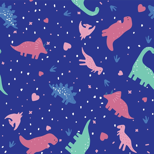 A pattern with dinosaurs and a dinosaur on a blue background.