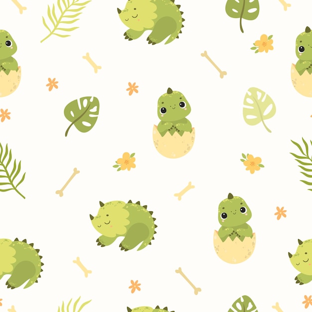 pattern with dinosaurs dinosaurs in an egg cute dino seamless background with palm leaves