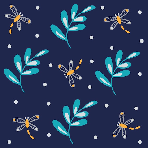 Vector pattern with dragonflies and leaves on a blue background