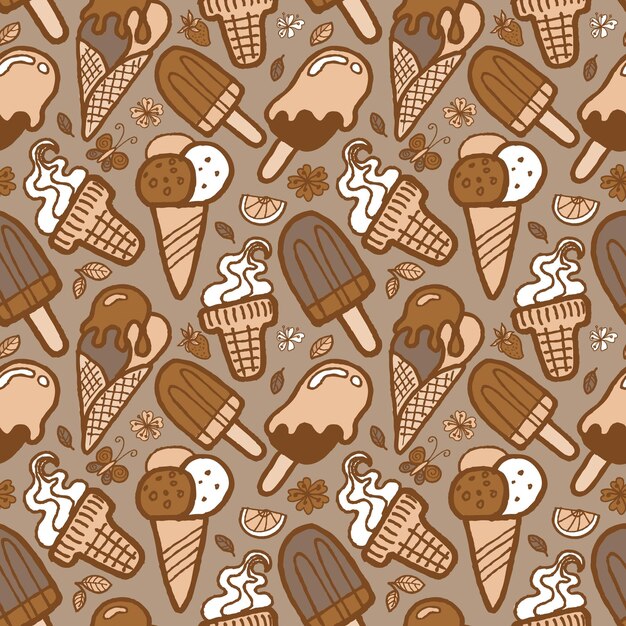 Pattern with drawings of different types of ice cream in beige and brown colors