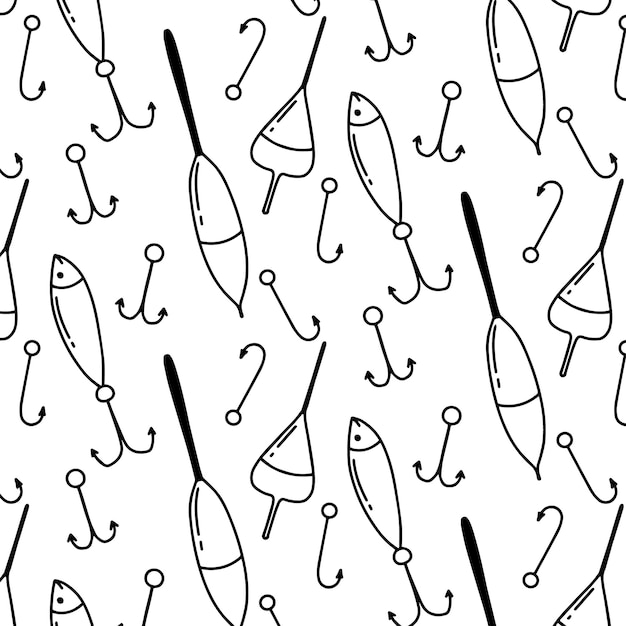 Pattern with fishing tackle Seamless pattern with floats and hooks Doodle style Vector illustration