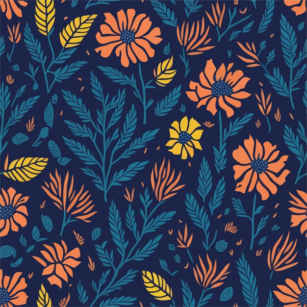 Vector a pattern with flowers and leaves on a dark background.