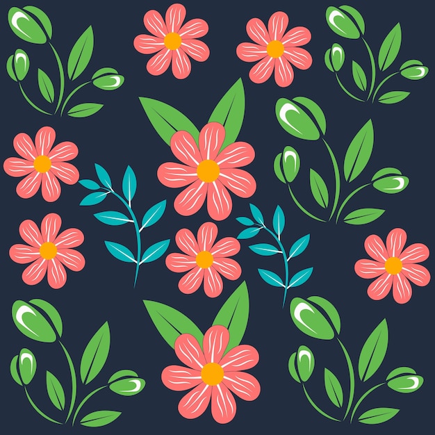 A pattern with flowers and leaves on a dark background.