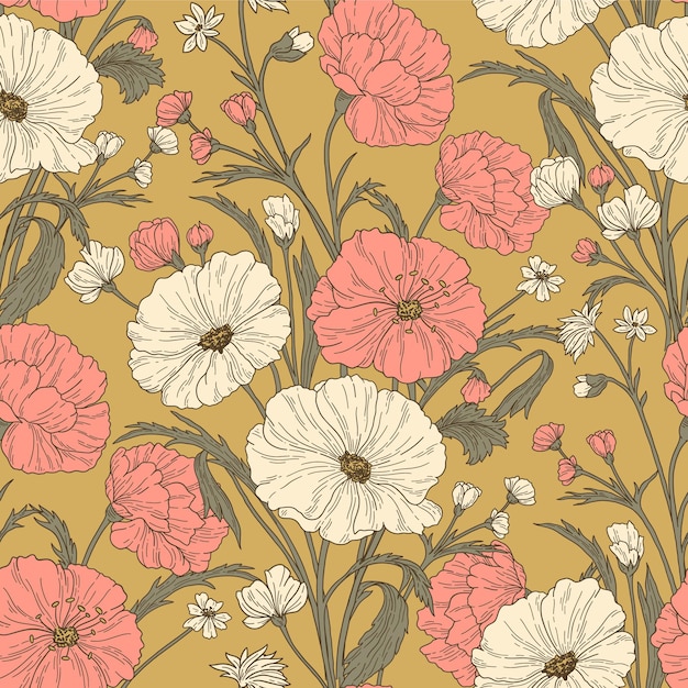 Pattern with flowers on a yellow background