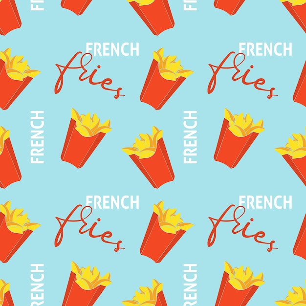 Vector pattern with french fried potatoes in red box packaging in blue background