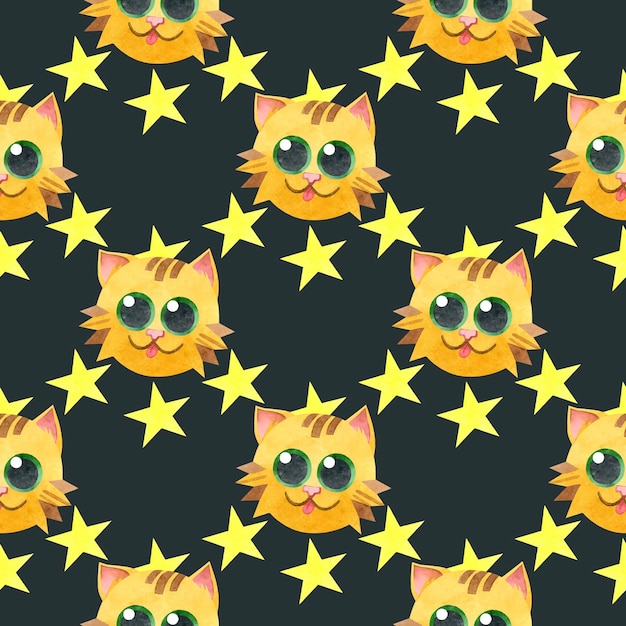 Pattern with a ginger cat and yellow stars