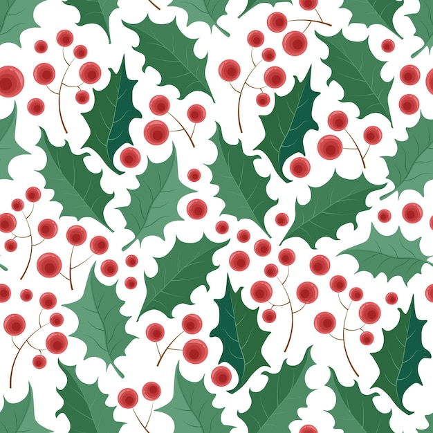 pattern with green holly leaves and red berries on a branch