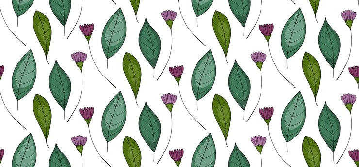 Vector a pattern with green leaves and purple flowers