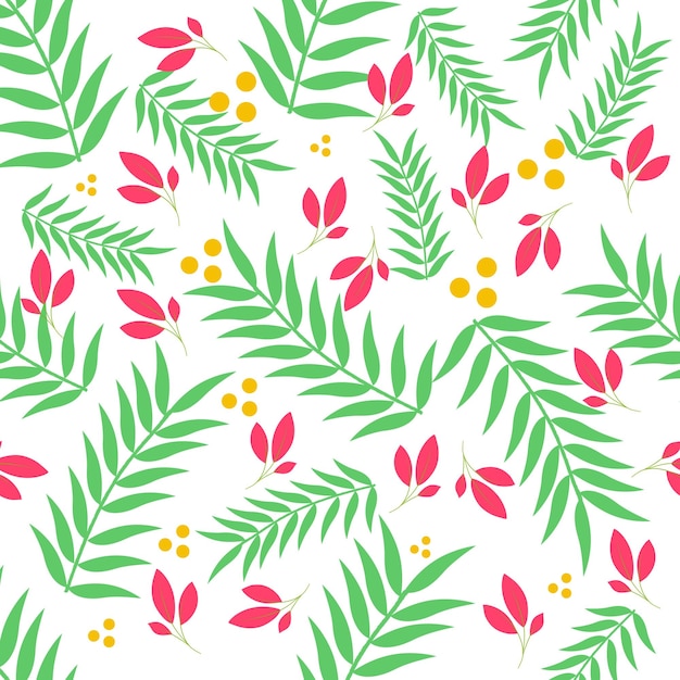 A pattern with green leaves and red flowers on a white background.