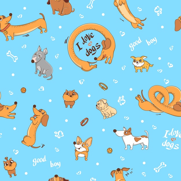 Vector pattern with handdrawn dogs of different breeds