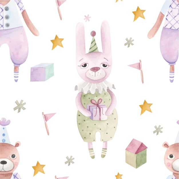 Pattern with a hare and bear. birthday illustration