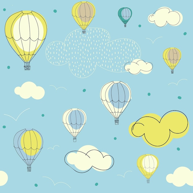 Vector pattern with hot air balloons in the clouds