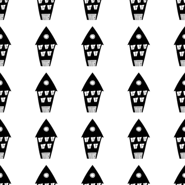 Pattern with houses in line art Black Houses silhouette and outline seamless pattern with window and door Endless print background texture