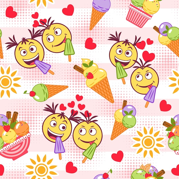 Pattern with ice cream crazy emoji love couple