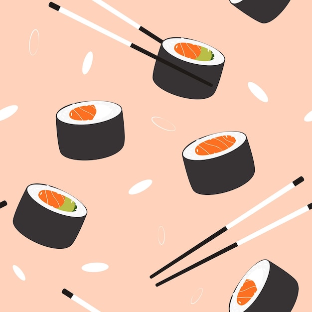 寿司とロールのイラストのパターン。お箸付きの寿司セット。アジア料理。